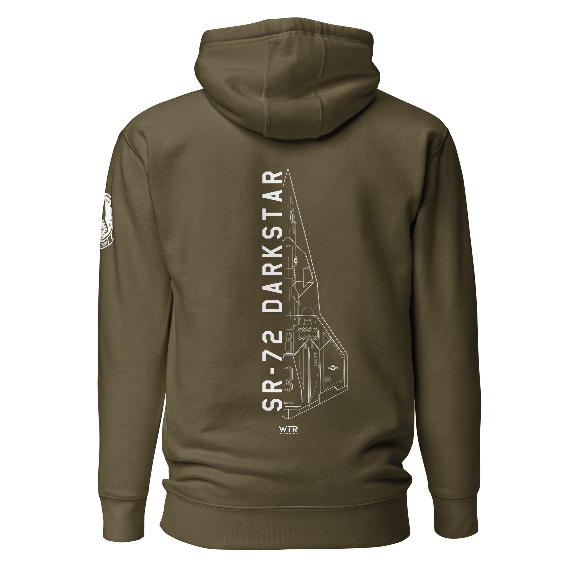 Hand-drawn schematic of the Lockheed Martin Skunk Works SR-72 Darkstar printed on a unisex hoodie.