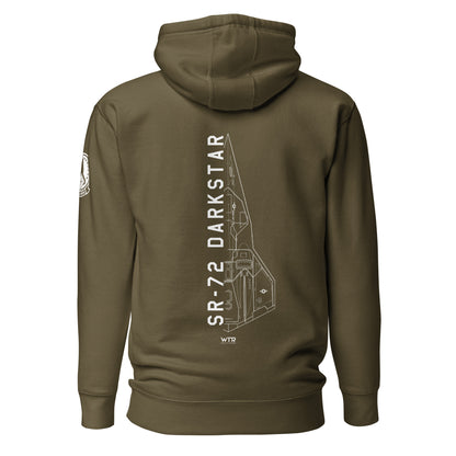 Hand-drawn schematic of the Lockheed Martin Skunk Works SR-72 Darkstar printed on a unisex hoodie.