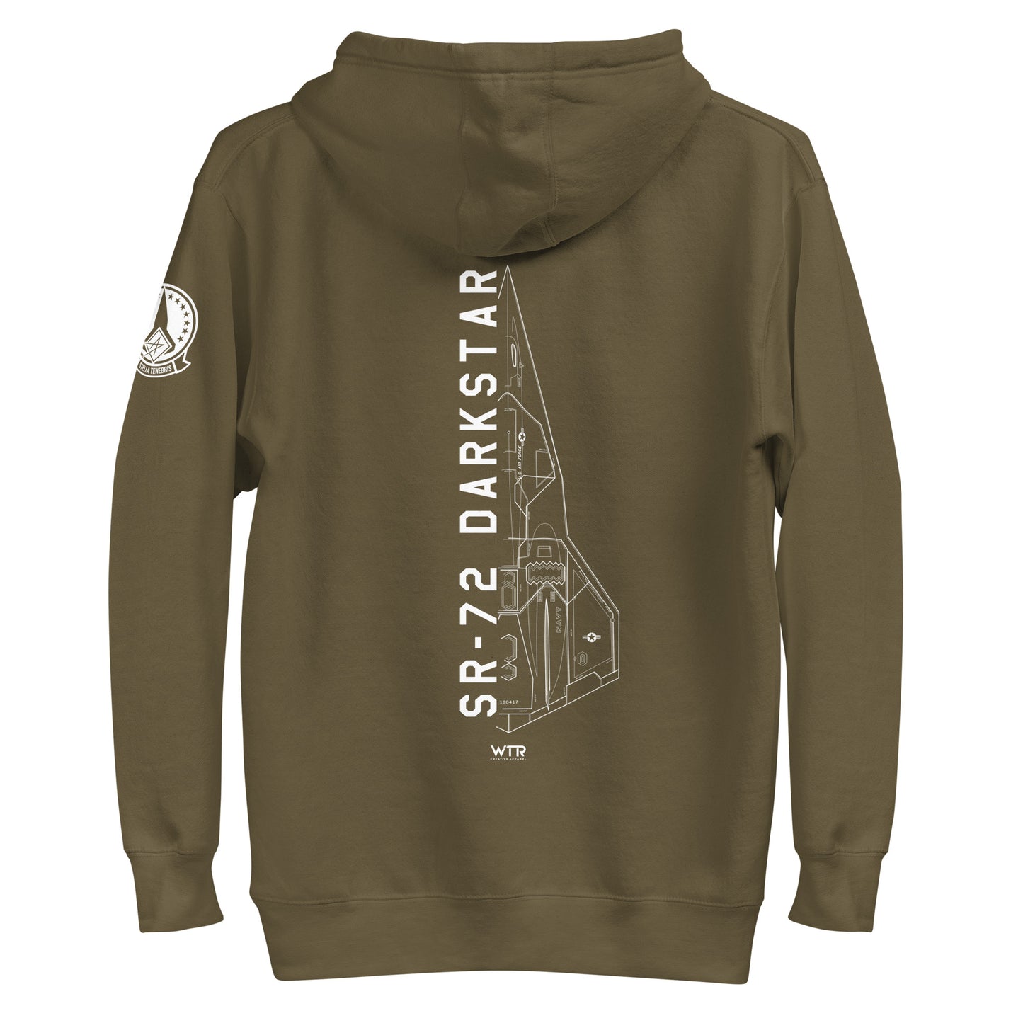Hand-drawn schematic of the Lockheed Martin Skunk Works SR-72 Darkstar printed on a unisex hoodie.