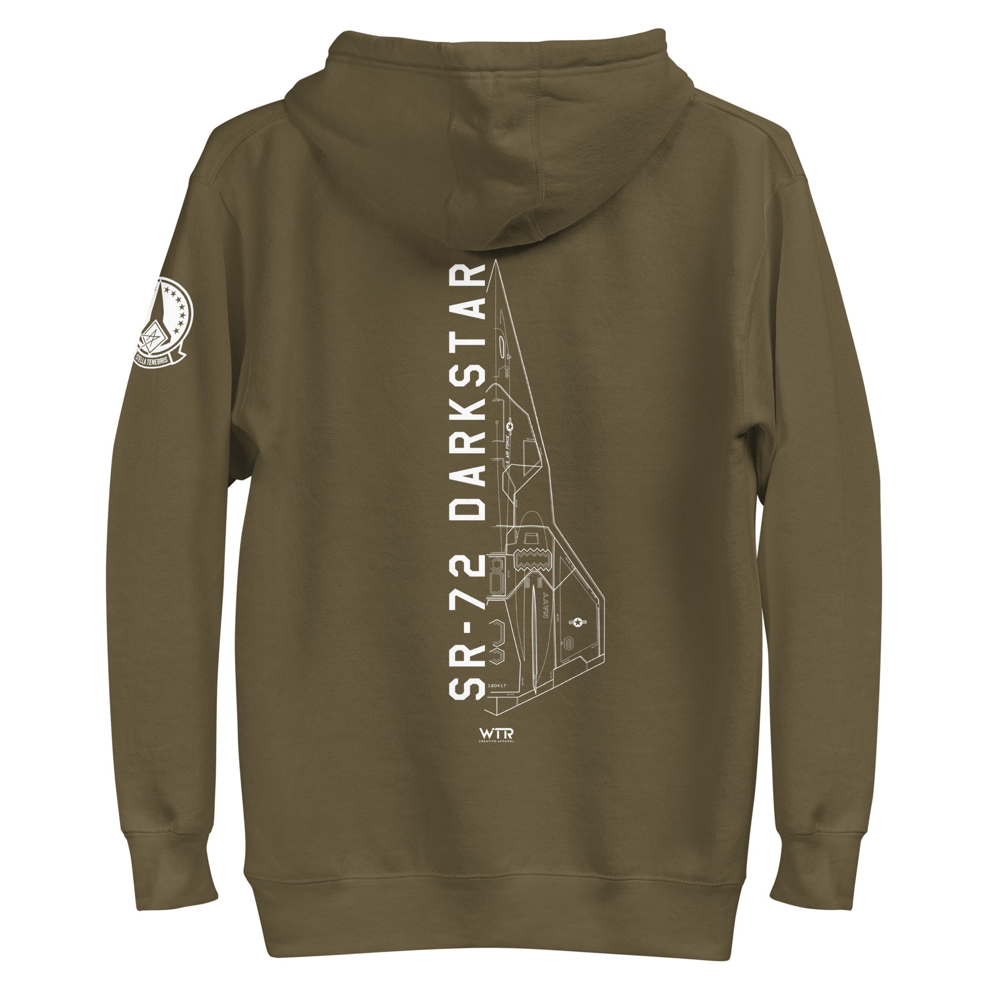 Hand-drawn schematic of the Lockheed Martin Skunk Works SR-72 Darkstar printed on a unisex hoodie.