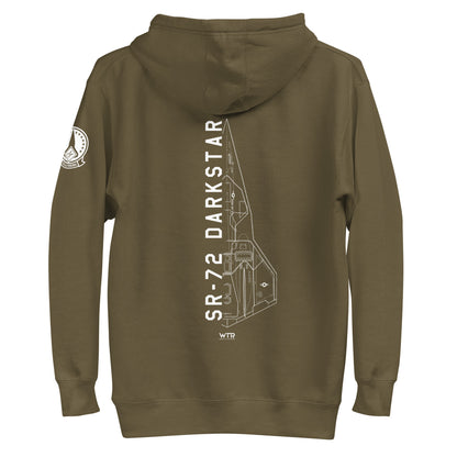 Hand-drawn schematic of the Lockheed Martin Skunk Works SR-72 Darkstar printed on a unisex hoodie.