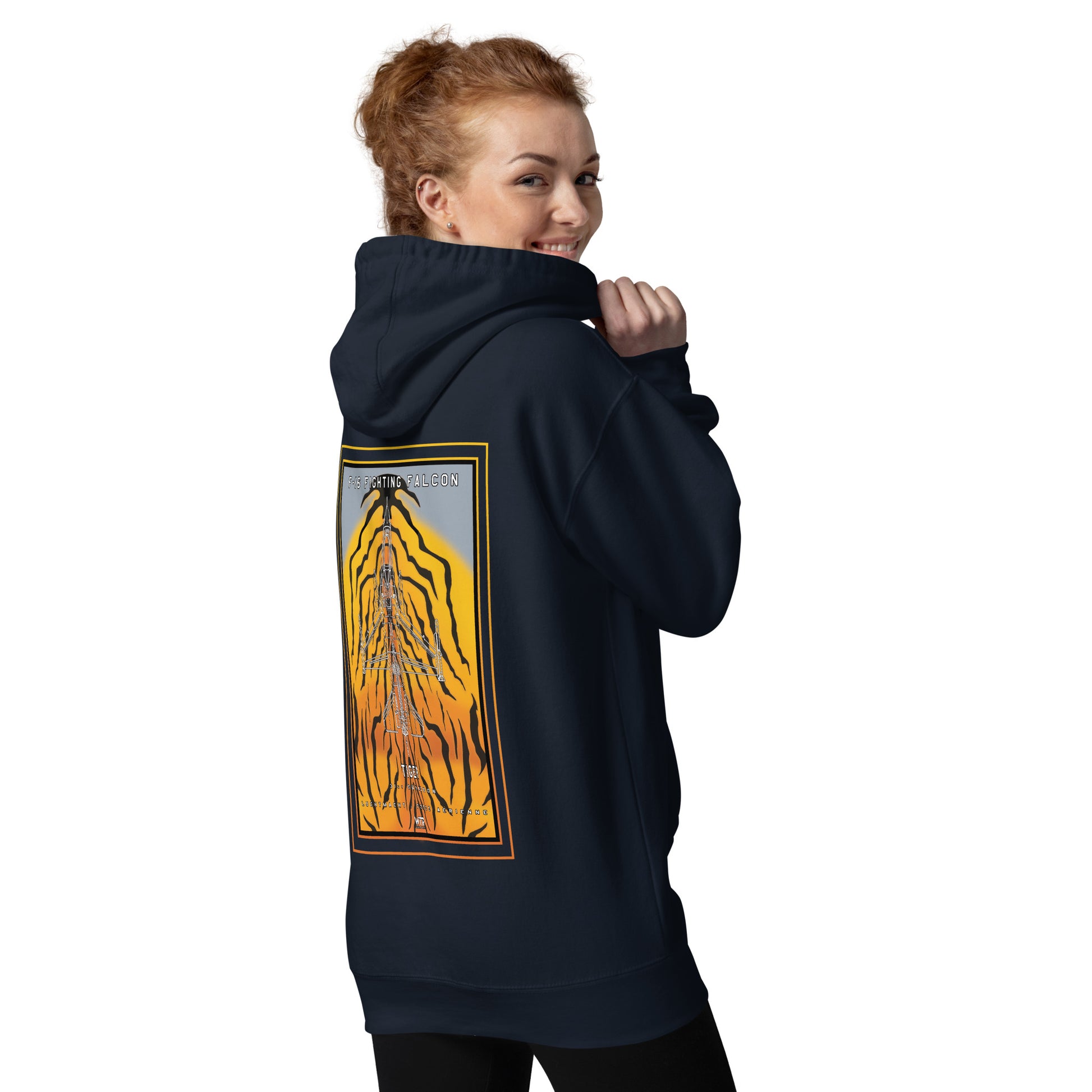 Hand-drawn schematic of the F-16 Fighting Falcon Belgian Air Force 31st Tiger Squadron 65th Anniversary livery on a unisex hoodie.