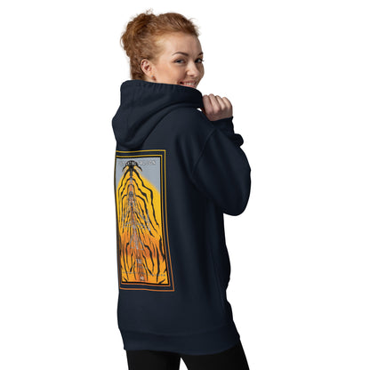 Hand-drawn schematic of the F-16 Fighting Falcon Belgian Air Force 31st Tiger Squadron 65th Anniversary livery on a unisex hoodie.