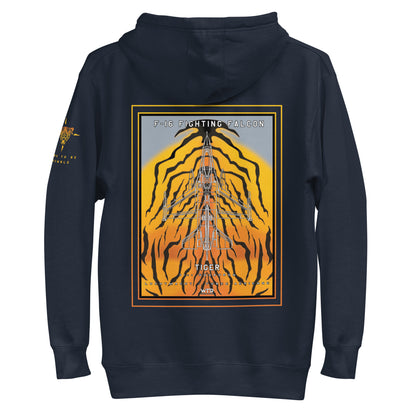 Hand-drawn schematic of the F-16 Fighting Falcon Belgian Air Force 31st Tiger Squadron 65th Anniversary livery on a unisex hoodie.