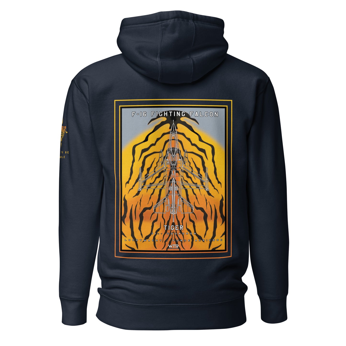 Hand-drawn schematic of the F-16 Fighting Falcon Belgian Air Force 31st Tiger Squadron 65th Anniversary livery on a unisex hoodie.