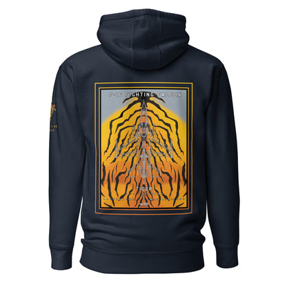 Hand-drawn schematic of the F-16 Fighting Falcon Belgian Air Force 31st Tiger Squadron 65th Anniversary livery on a unisex hoodie.