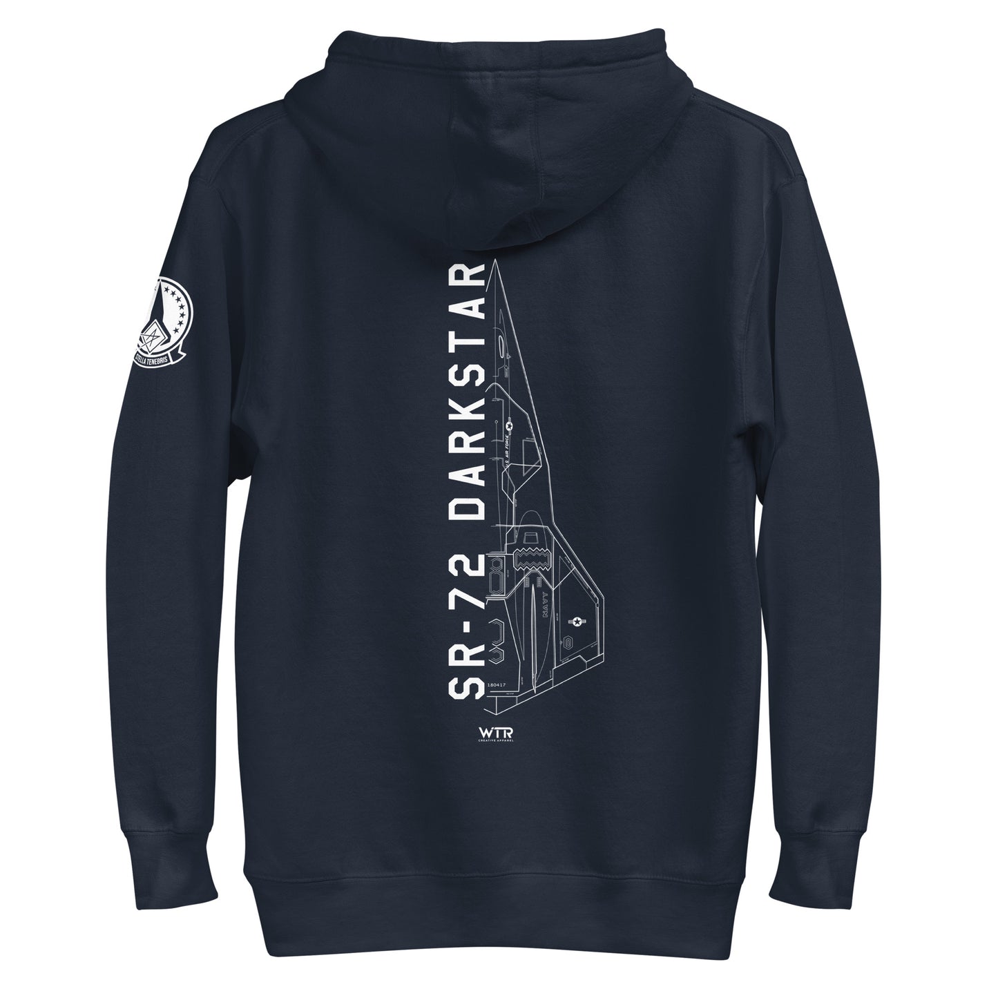 Hand-drawn schematic of the Lockheed Martin Skunk Works SR-72 Darkstar printed on a unisex hoodie.