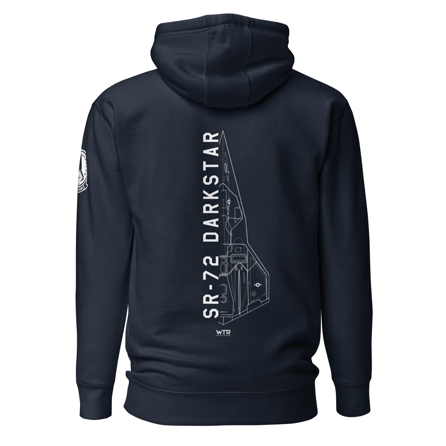 Hand-drawn schematic of the Lockheed Martin Skunk Works SR-72 Darkstar printed on a unisex hoodie.