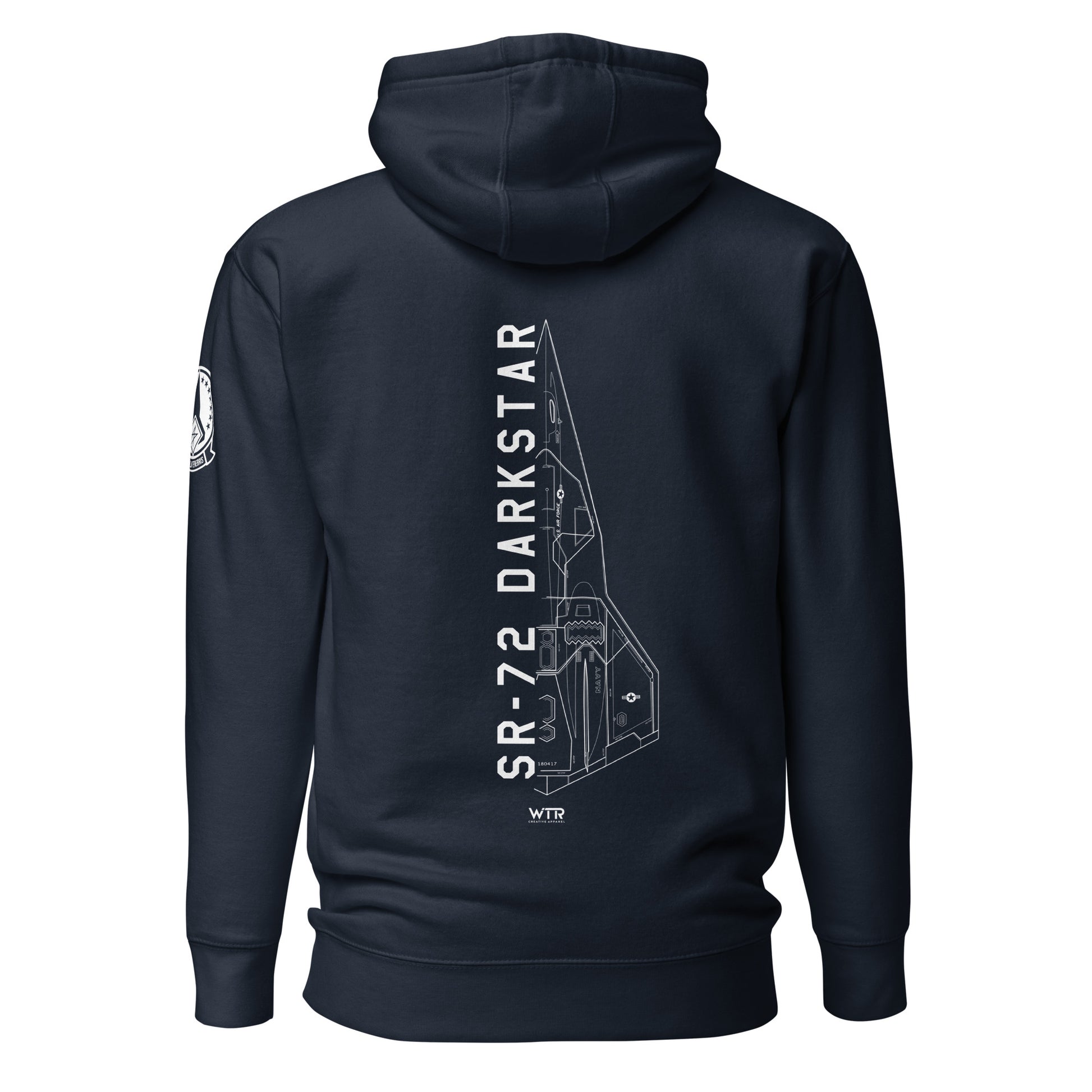 Hand-drawn schematic of the Lockheed Martin Skunk Works SR-72 Darkstar printed on a unisex hoodie.