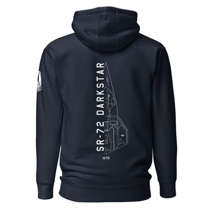 Hand-drawn schematic of the Lockheed Martin Skunk Works SR-72 Darkstar printed on a unisex hoodie.