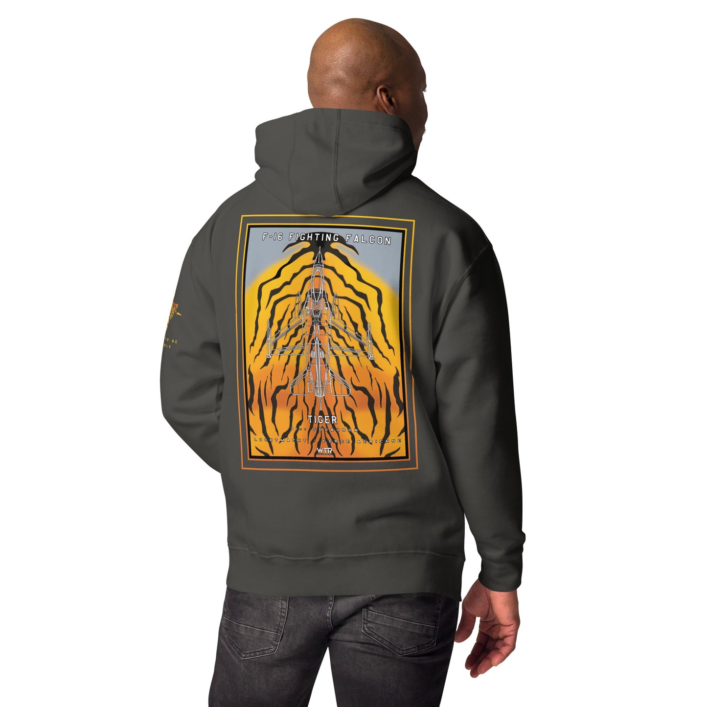 Hand-drawn schematic of the F-16 Fighting Falcon Belgian Air Force 31st Tiger Squadron 65th Anniversary livery on a unisex hoodie.