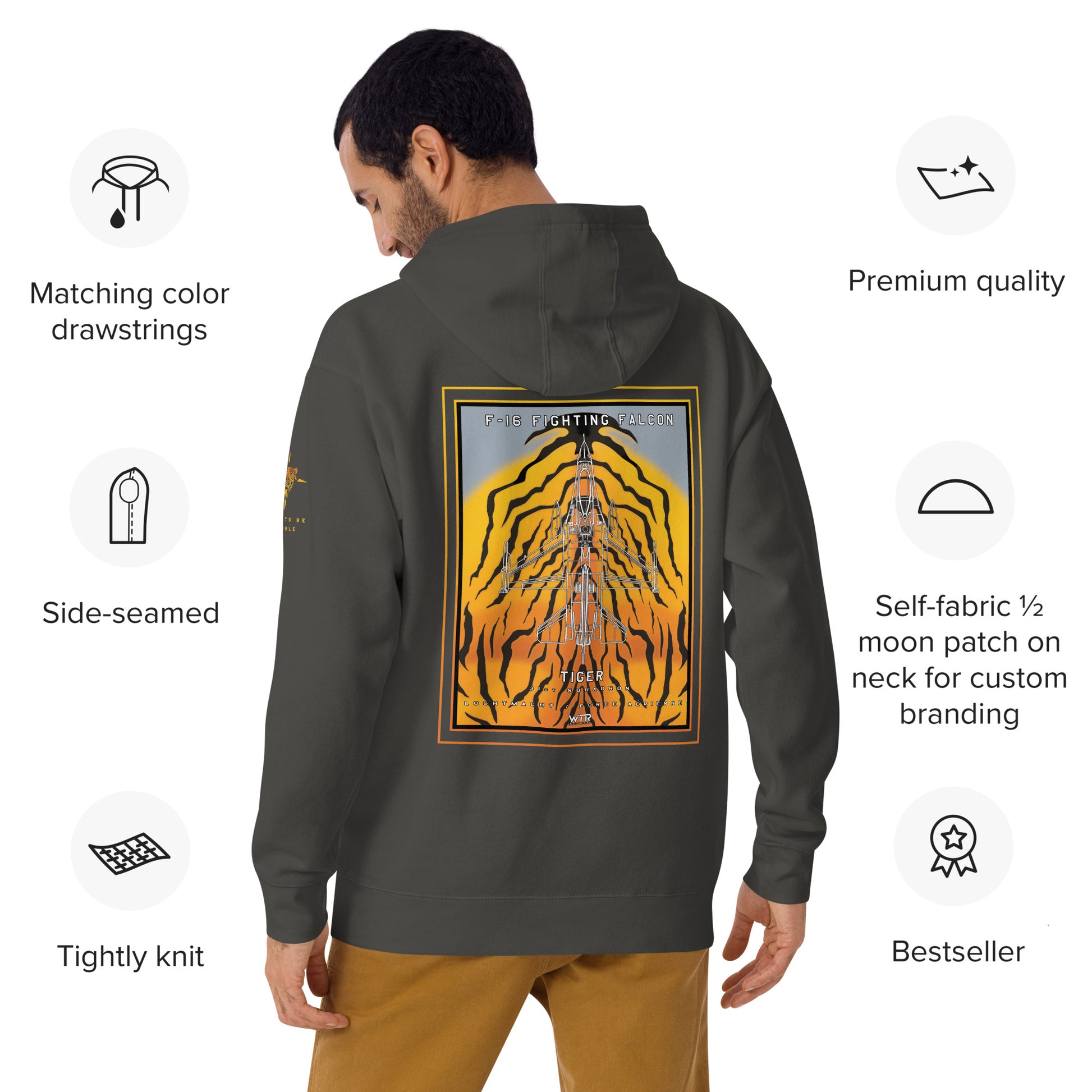 Hand-drawn schematic of the F-16 Fighting Falcon Belgian Air Force 31st Tiger Squadron 65th Anniversary livery on a unisex hoodie.