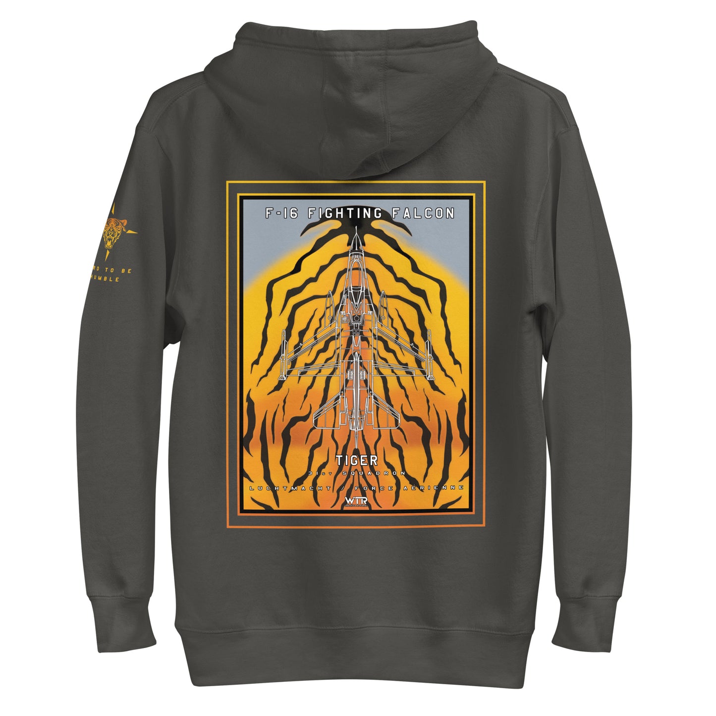 Hand-drawn schematic of the F-16 Fighting Falcon Belgian Air Force 31st Tiger Squadron 65th Anniversary livery on a unisex hoodie.