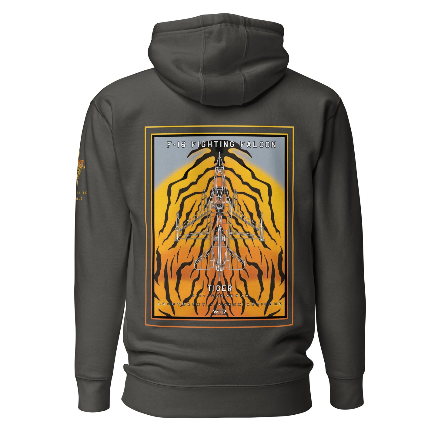 Hand-drawn schematic of the F-16 Fighting Falcon Belgian Air Force 31st Tiger Squadron 65th Anniversary livery on a unisex hoodie.