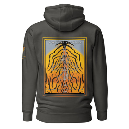 Hand-drawn schematic of the F-16 Fighting Falcon Belgian Air Force 31st Tiger Squadron 65th Anniversary livery on a unisex hoodie.