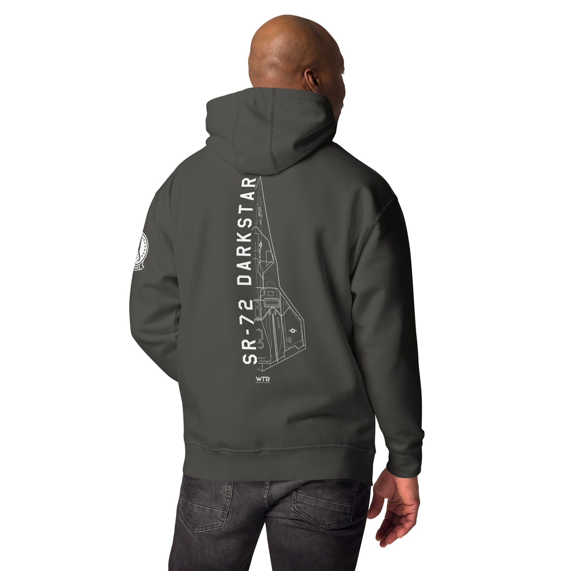 Hand-drawn schematic of the Lockheed Martin Skunk Works SR-72 Darkstar printed on a unisex hoodie.