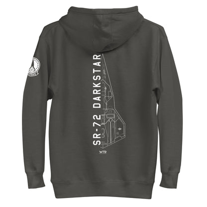 Hand-drawn schematic of the Lockheed Martin Skunk Works SR-72 Darkstar printed on a unisex hoodie.