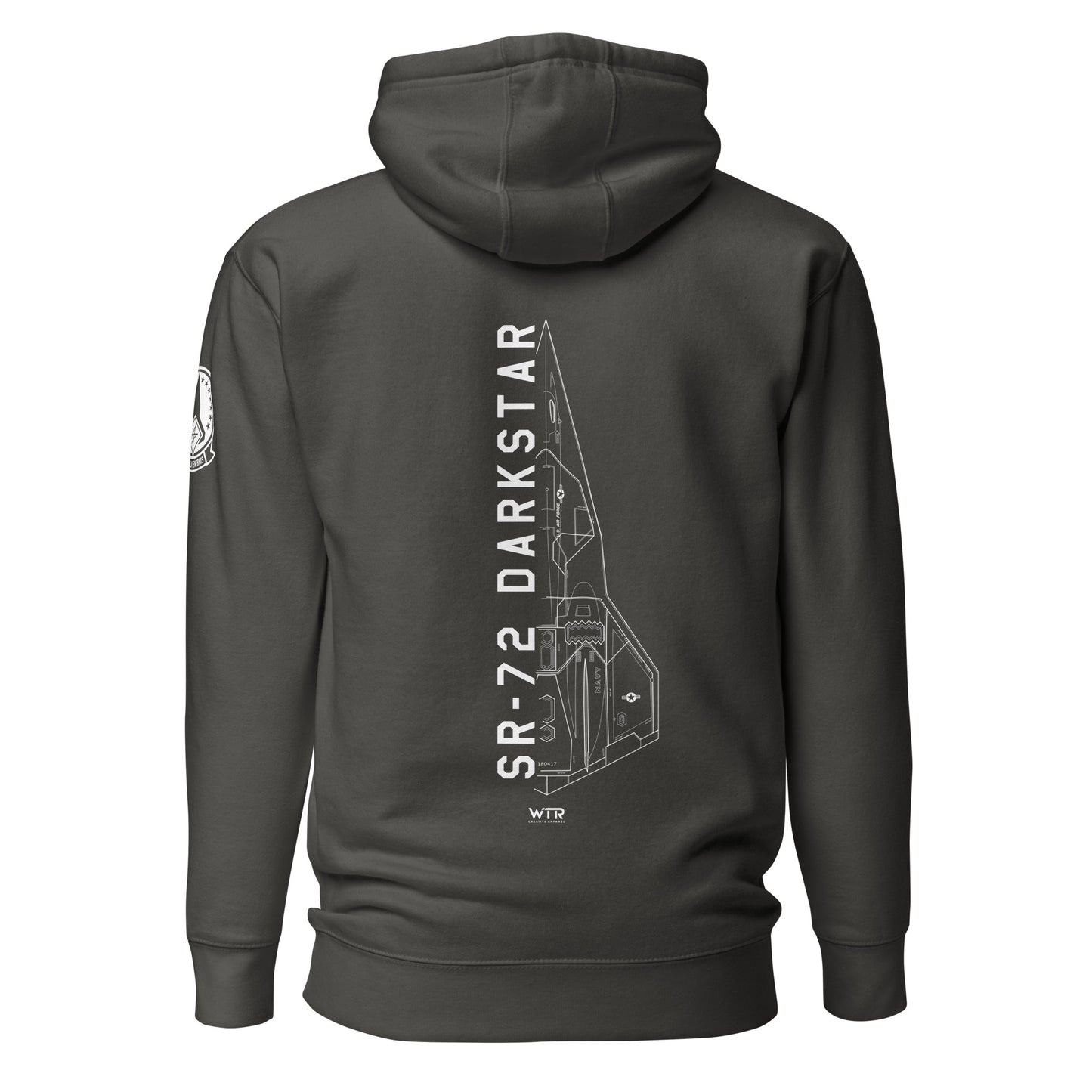 Hand-drawn schematic of the Lockheed Martin Skunk Works SR-72 Darkstar printed on a unisex hoodie.