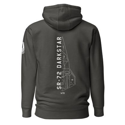 Hand-drawn schematic of the Lockheed Martin Skunk Works SR-72 Darkstar printed on a unisex hoodie.