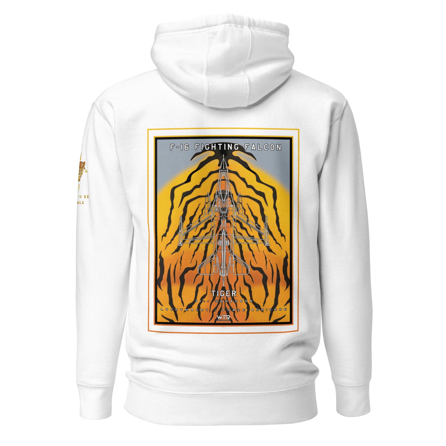 Hand-drawn schematic of the F-16 Fighting Falcon Belgian Air Force 31st Tiger Squadron 65th Anniversary livery on a unisex hoodie.
