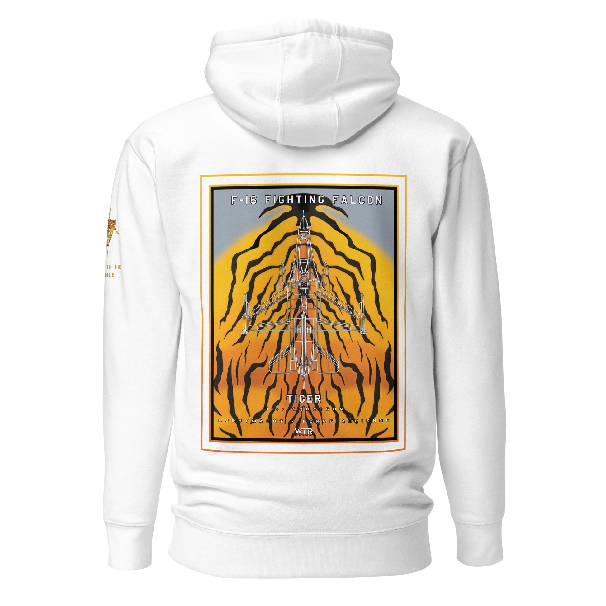 Hand-drawn schematic of the F-16 Fighting Falcon Belgian Air Force 31st Tiger Squadron 65th Anniversary livery on a unisex hoodie.