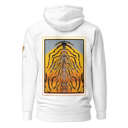 Hand-drawn schematic of the F-16 Fighting Falcon Belgian Air Force 31st Tiger Squadron 65th Anniversary livery on a unisex hoodie.