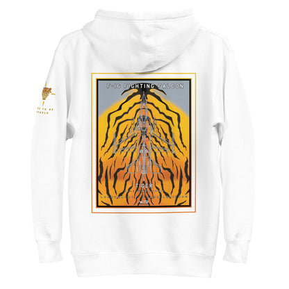 Hand-drawn schematic of the F-16 Fighting Falcon Belgian Air Force 31st Tiger Squadron 65th Anniversary livery on a unisex hoodie.