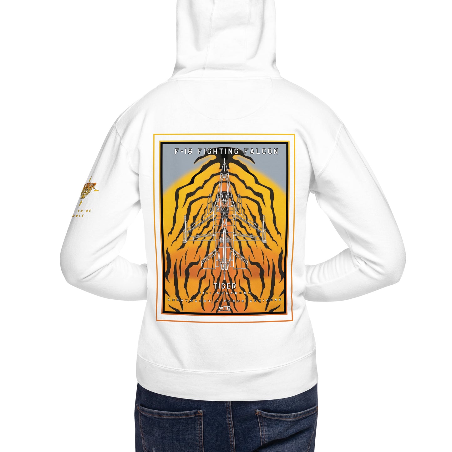 Hand-drawn schematic of the F-16 Fighting Falcon Belgian Air Force 31st Tiger Squadron 65th Anniversary livery on a unisex hoodie.