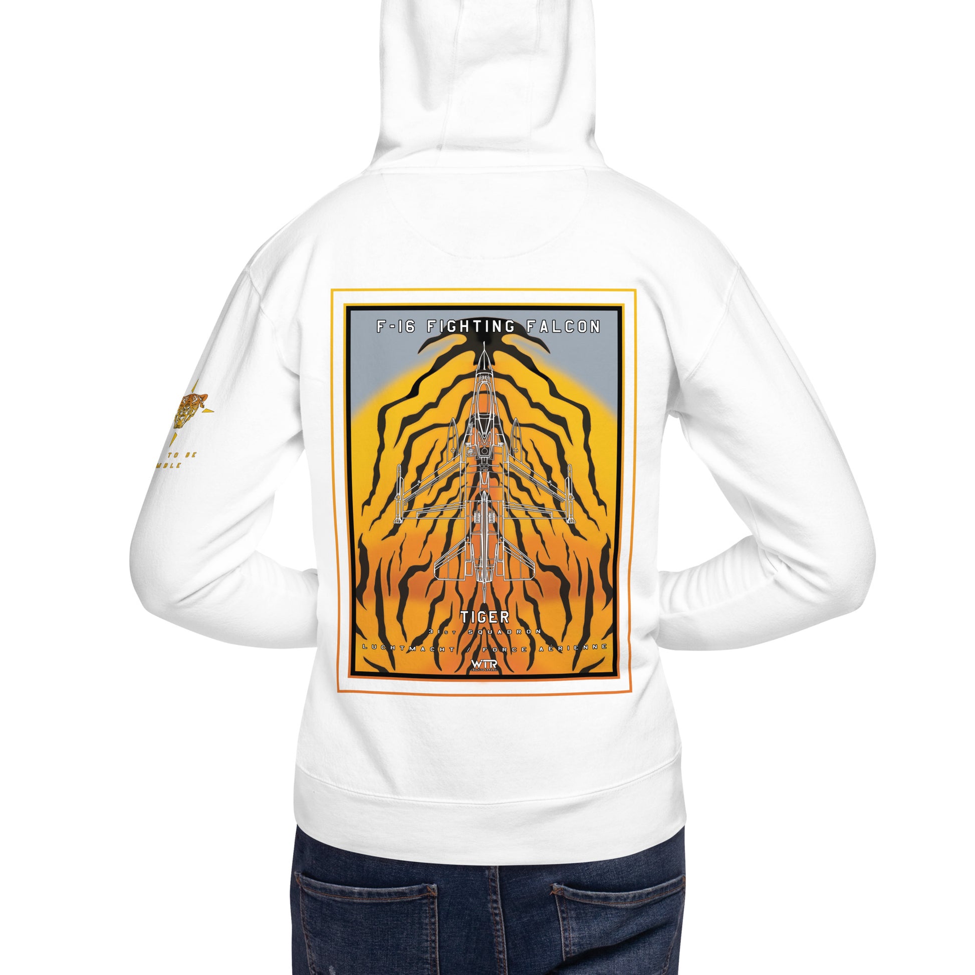 Hand-drawn schematic of the F-16 Fighting Falcon Belgian Air Force 31st Tiger Squadron 65th Anniversary livery on a unisex hoodie.
