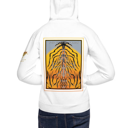 Hand-drawn schematic of the F-16 Fighting Falcon Belgian Air Force 31st Tiger Squadron 65th Anniversary livery on a unisex hoodie.