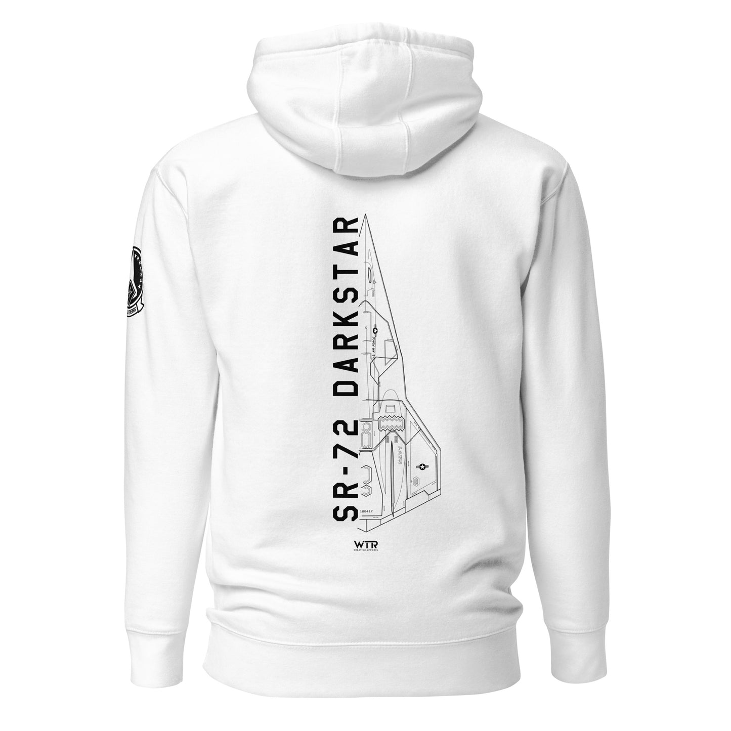 Hand-drawn schematic of the Lockheed Martin Skunk Works SR-72 Darkstar printed on a unisex hoodie.