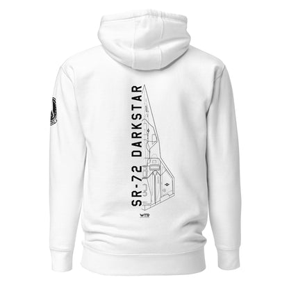 Hand-drawn schematic of the Lockheed Martin Skunk Works SR-72 Darkstar printed on a unisex hoodie.