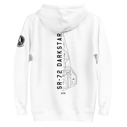 Hand-drawn schematic of the Lockheed Martin Skunk Works SR-72 Darkstar printed on a unisex hoodie.