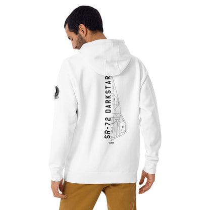 Hand-drawn schematic of the Lockheed Martin Skunk Works SR-72 Darkstar printed on a unisex hoodie.