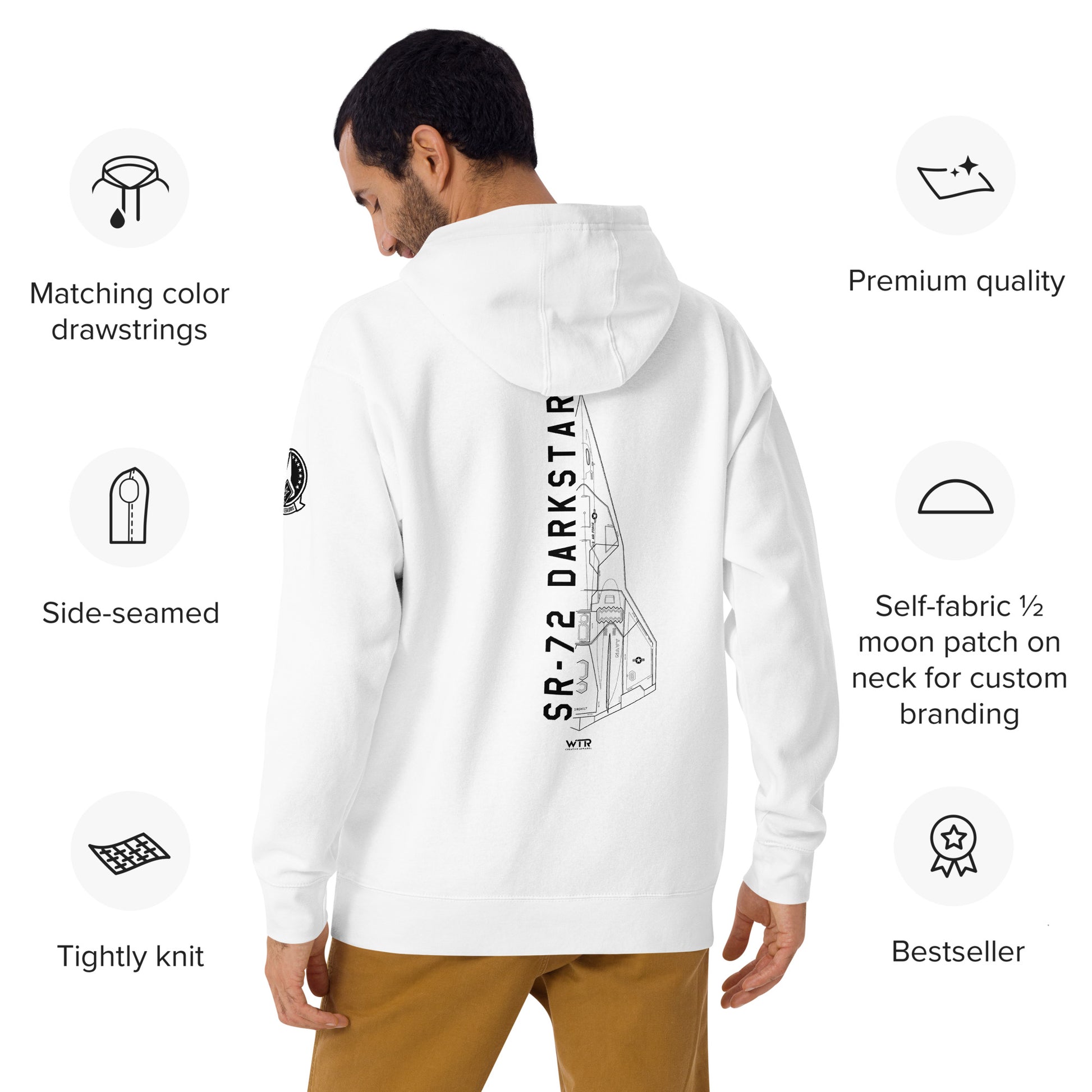 Hand-drawn schematic of the Lockheed Martin Skunk Works SR-72 Darkstar printed on a unisex hoodie.
